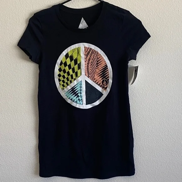 NWT VOLCOM * Black Peace Geometrical Graphic Tee Shirt Top Women’s XS XSMALL - Picture 1 of 4